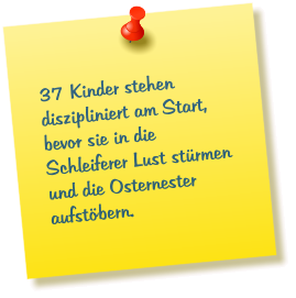37 Kinder stehen diszipliniert am Start, bevor sie in die Schleiferer Lust stürmen und die Osternester aufstöbern.